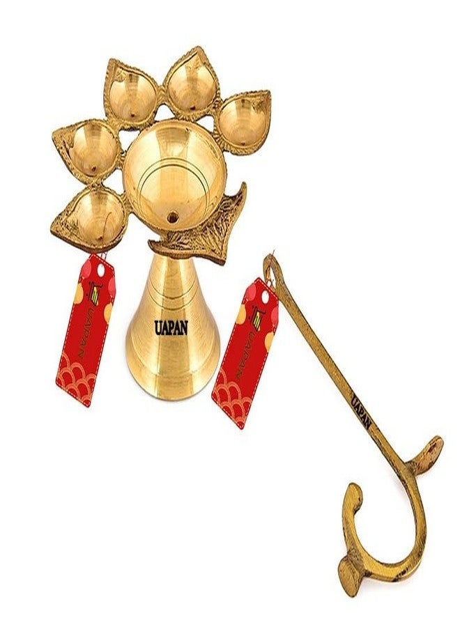 UAPAN Brass Pancharti Diya Oil Lamp Pach Aarti Deepak with Brass Handle Pancharti Diya Panchmukhi Diya with in Goden Colour for Home Temple, Diwali and Others Occasion - Image 3